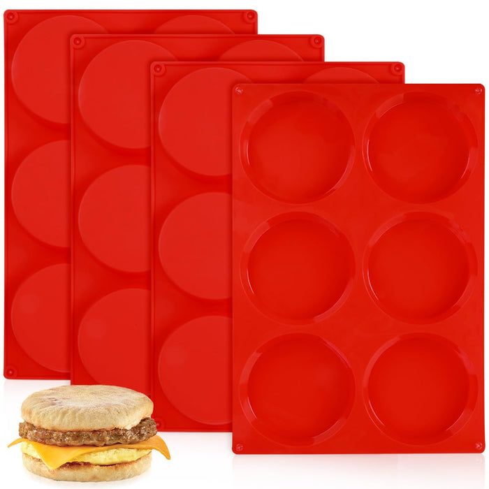 4 Inch Muffin Top Pan, Silicone Molds for Breakfast Sandwiches, English Muffins, Whoopie Pies, Corn Bread, Egg Bites, Tarts - 4 Pack Red