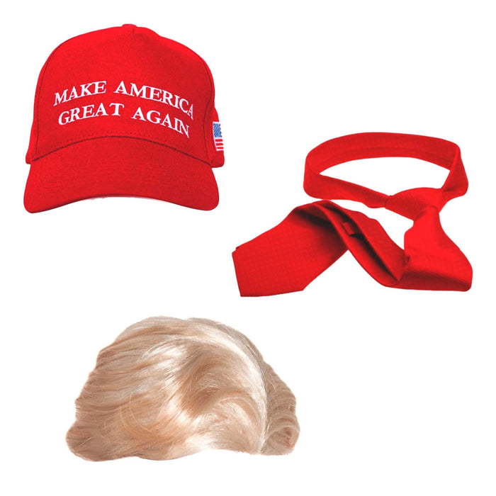 United States of Oh My Gosh Trump 2020 Costume Set | Includes Donald Trump Blonde Synthetic Wig Cap, Red Tie & MAGA Hat | Mr. Billionaire Accessories | Perfect for Cosplay, Parties & Halloween America