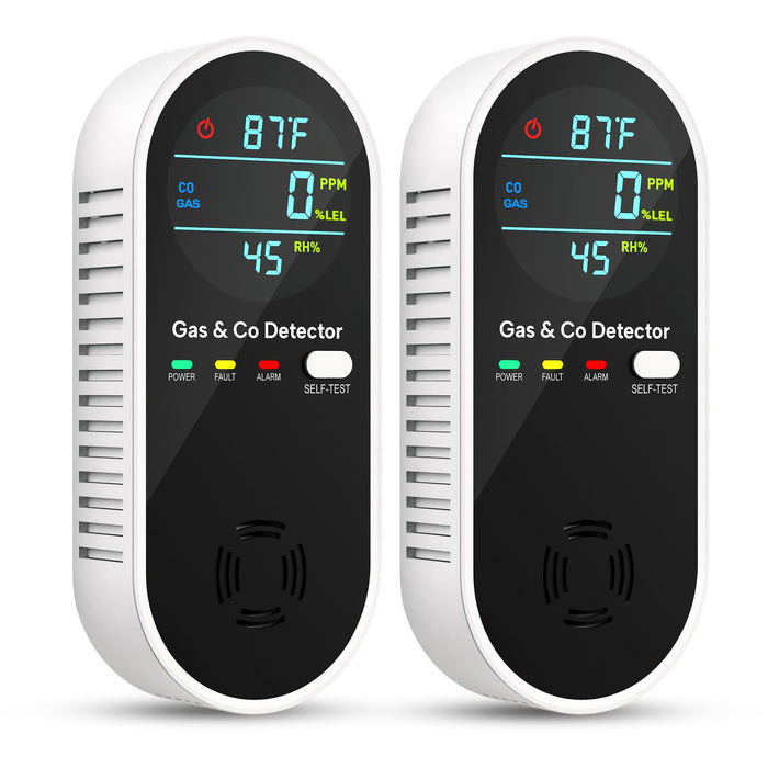 Natural Gas Leak Detector and Carbon Monoxide Detectors - 4 in 1 Natural, Propane, Co & Gas Leak Detector - Carbon Monoxide Detectors Plug in - Temperature & Humidity Detectors for Home, RV (2 Packs)