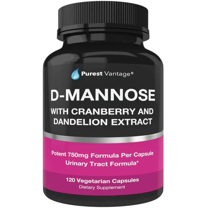 Purest vantage D Mannose Capsules with 600mg D-Mannose Powder Per Cap - with Added Cranberry and Dandelion Extract to Aid in Bladder, Urinary Tract and UTI Support - 120 Veggie Caps