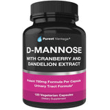 Purest vantage D Mannose Capsules with 600mg D-Mannose Powder Per Cap - with Added Cranberry and Dandelion Extract to Aid in Bladder, Urinary Tract and UTI Support - 120 Veggie Caps