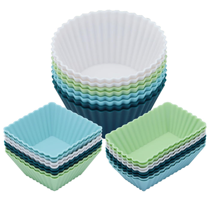24Pack Silicone Muffin Cups, Reusable Cupcake Liners Molds for Baking, 3 Shapes Lunch Box Bento Dividers-Round, Square, and Rectangular (Neutral Colors, Large Size)