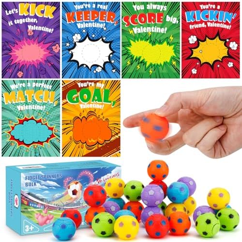 30 PCS Valentines Day Cards for Kids School with Sport Ball Fidget Spinners, Kids Valentine Party Favor, Valentine's Day Classroom Prizes, Ideal Valentine Exchange Gift