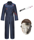 Kids Scary Halloween Costumes Boys Horror Movie Killer Cosplay Blue Jumpsuit with Blood Mask Knife Horror Party QM013M