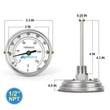 MEANLIN MEASURE 1/2" NPT Bimetal Thermometer for hot Water, boilers, and Pipes, 3" Dial, 4" Stainless Steel Stem, Temperature Range 50-500°F/10-250°C, Accuracy 2%, Lower Mount