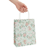 Sparkle and Bash 24-Pack Floral Gift Bags, 8x4x10-Inch Medium Size Gift Bags with Handles, Paper Bags with Colorful Rose Flower Print (Green)