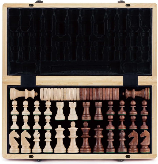 A&A 15 inch Wooden Folding Chess & Checkers Set for Adults / 3 inch King Height Staunton Weighted Chess Pieces / 2 Extra Queens / 2 in 1 Chess Board Game…