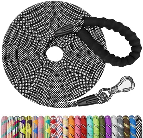 NTR 50FT Long Dog Leash, Black Rope Dog Leash with Swivel Lockable Hook and Comfortable Padded Handle, Dog Training Leash Lead for Walking, Hunting, Camping, Backyard for Small Medium and Large Dogs