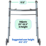 Medline Lightweight Junior/Lower Height Folding Walker with 5” Wheels Grey