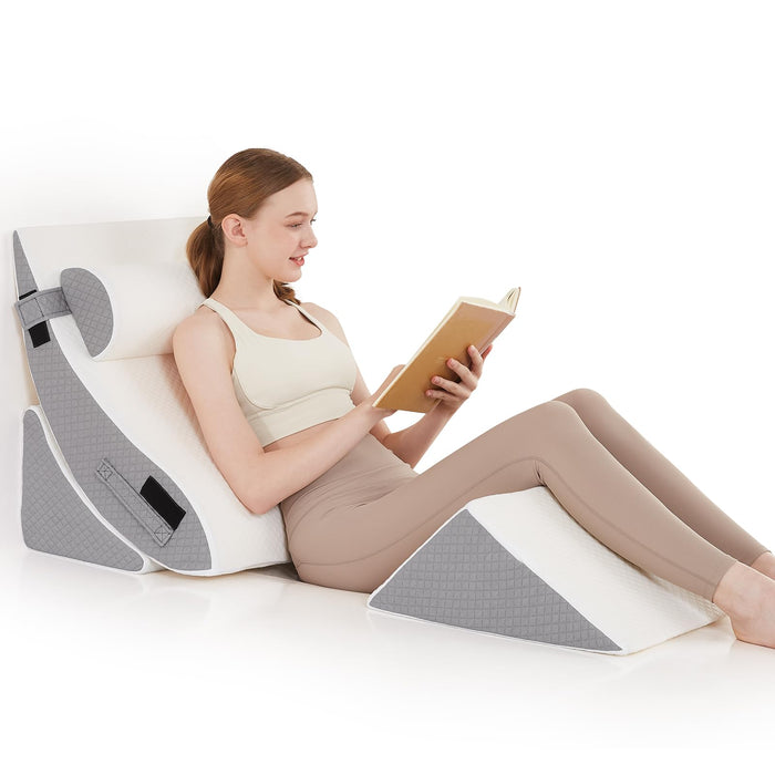 Longering 4PCS Orthopedic Bed Wedge Pillow Set for Post Surgery - Adjustable Wedge Pillow for Neck Back and Leg Pain Relief - Triangle Pillow Wedge for Acid Reflux & Sleeping & GERD (White Grey)
