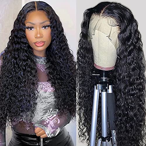 FIRIEYA 13x4 Deep Wave Lace Front Wigs Human Hair 180% Density Glueless HD Transparent Lace Frontal Human Hair Wigs Pre-Plucked with Baby Hair Natural Color (26inch, Natural Black)