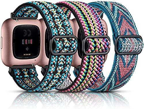 Maledan 3 Pack Elastic Band Compatible with Fitbit Versa/Versa Lite/Versa 2 Bands, Adjustable Stretchy Nylon Solo Loop Strap Wristbands, Boho Green/Green Arrow/Colorful