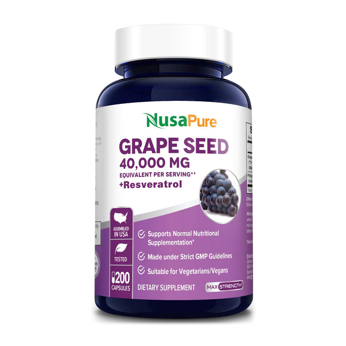 NusaPure Grape Seed Extract 40,000mg per Caps, 200 Vegan Capsules, Standardized, Non-GMO, Gluten Free, Resveratrol