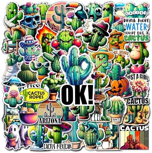 Pack 50 PCS Green Cactus Stickers Cute Waterproof Vinyl Decals Decor Laptop Water Bottles Luggage Phone Case Skateboard Notebook Bumper Bicycle for Kids Boys Girls Teens