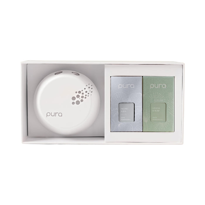 Pura - Smart Home Fragrance Device Starter Set V3 - Scent Diffuser for Homes, Bedrooms & Living Rooms - Includes Fragrance Aroma Diffuser & Two Fragrances - Linens & Surf and Pacific Aqua