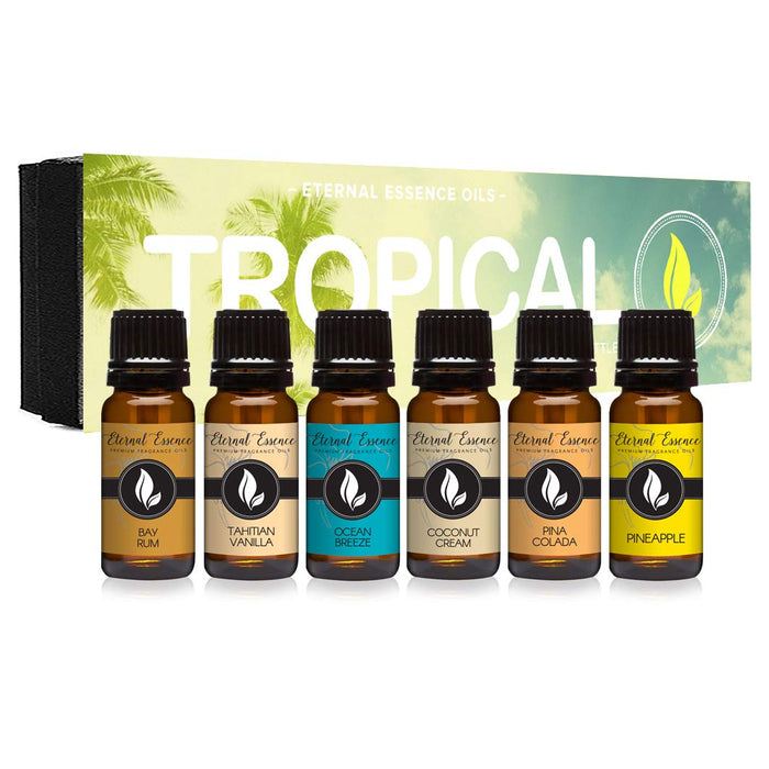 Tropical Gift Set of 6 Premium Grade Fragrance Oils - Coconut Cream, Bay Rum, Pina Colada, Tahitian Vanilla, Ocean Breeze, Pineapple - 10Ml - Scented Oils