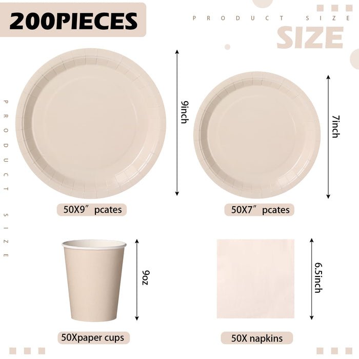 Tioncy 200 Pcs Disposable Paper Plates Cups and Napkins Party Supplies Serve 50 Guests Disposable Paper Dinnerware Set for Wedding Baby Shower Birthday Graduation Party Family Picnic(Ivory)