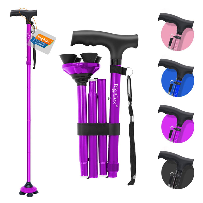 BigAlex Folding Walking Cane for Elderly Adjustable & Portable Walking Stick for Seniors,Pivoting Quad Base,Lightweight,Collapsible with Carrying Bag for Men/Woman