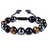 Triple Protection Bracelet for Women Men, 10mm Crystal Beads Bracelet Handmade with Real Tiger Eye Black Obsidian and Hematite, Natural Crystal Bracelet Mens Christmas Gift for Protection and Balance