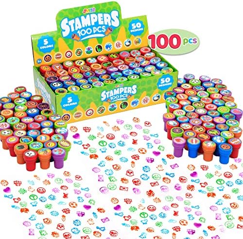 100 Pcs Assorted Stamps for Kids Self-Ink Stamps (50 Different Designs, Dinosaur, Zoo Safari Stampers) for Party Favor, Carnival Prizes, School, Easter Egg Stuffers, Halloween, Christmas
