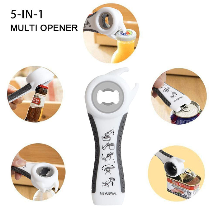 Jar Opener Bottle Opener for Weak Hands, 5 in 1 Multi Function Can Opener Bottle Opener Kit with Silicone Handle Easy to Use for Children, Elderly and Arthritis Sufferers(White)