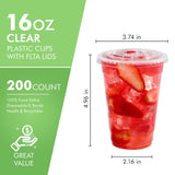 FOCUSLINE 200 PACK 16oz Clear Plastic Cups with Lids, Disposable Cold Drinking Cups, 16 Ounce Large Clear Cups with Flat Lids with Holes for Smoothie, Milkshake, Bubble Tea, Parfait