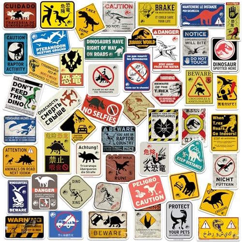 Jurassic World Caution Signs 50ct Vinyl Large Deluxe Stickers Variety Pack - Laptop, Water Bottle, Scrapbooking, Tablet, Skateboard, Indoor/Outdoor