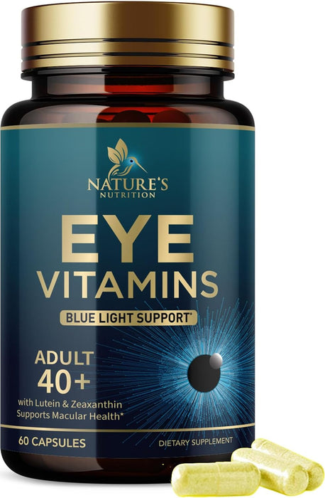 Eye Vitamins & Mineral Supplement, Contains Lutein, Zeaxanthin, Bilberry & Zinc, Supports Eye Strain, Vision Macular Health & Dry Eyes for Adults with Vitamin C & E, Lycopene, Non-GMO - 60 Capsules