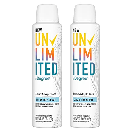 Degree Unlimited Antiperspirant Deodorant Dry Spray Clean 2 Count Long-Lasting Sweat & Odor Protection with Antiperspirant Technology SmartAdapt Tech 3.8 oz
