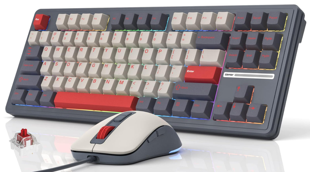 Womier M87 75% Retro TKL Mechanical Gaming Keyboard and Mouse, 87 Keys USB C Wired Computer Keyboard & Mouse Combos, Hot Swappable Mechanical Keyboard Red Switch/NKRO/Gasket/RGB Backlit (Purple Gray)