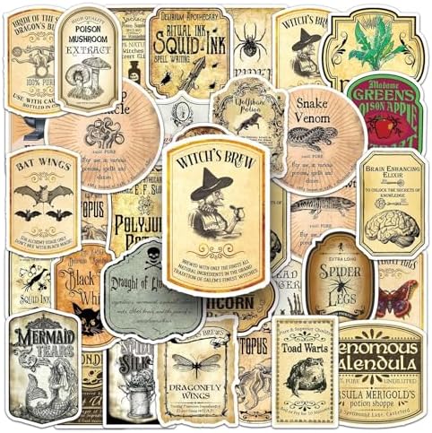 50Pcs Magic Potion Label Stickers,Cartoon Vintage Potion Bottle Tag Vinyl Sticker,Halloween Wine Bottle Glassy Bottle Stickers,Retro Aesthetic Party Gift Stickers for Kids Teens Adults
