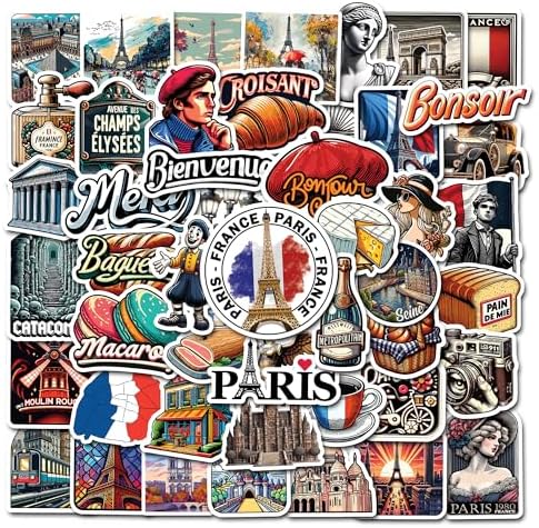 Pack 50 PCS Passionate Paris City Travel Stickers France Themed Waterproof Vinyl Decals Decor Luggage Phone CaseScrapbook Water Bottles Car Laptops Birthday Gift for Adults