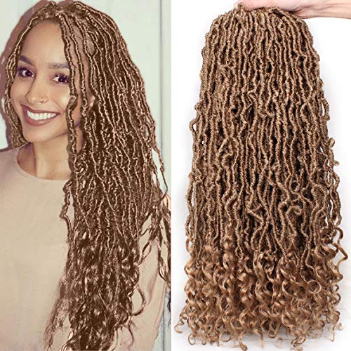 Leeven 24 Inch Pre-looped Goddess Locs Crochet Hair 7 Packs Brown Curly Wavy New Faux Locs Twist Braiding Hair Long Synthetic Soft Locs Crochet Braids Hair With Curls At The Ends 12 Strands/Pack (27#)