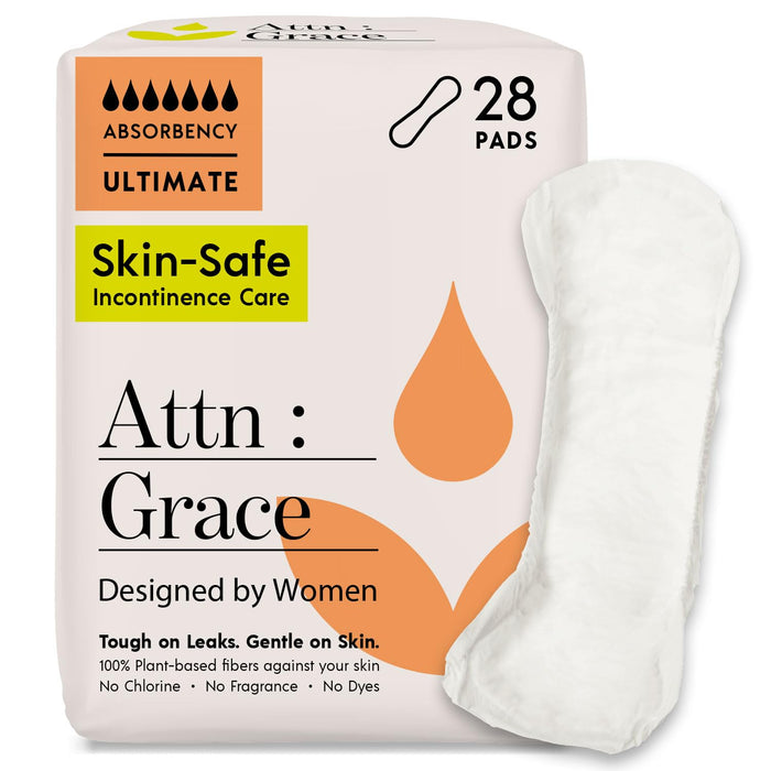 Attn: Grace Ultimate Incontinence Pads for Women (28-Pack) - Discreet High Absorbency Sensitive Skin Protection | Heavy Bladder Leaks or Postpartum | 100% Breathable & Plant-Based