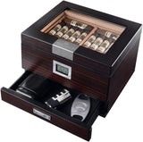 Mantello Handmade Cigar Humidor,Desktop Cigar Box with Humidifier Holds Up to 50 Cigars, Glass Top Cedar Wood with Hygrometer & Divider