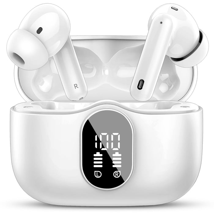 Wireless Earbuds Bluetooth 5.3 Headphones Bass Stereo Ear Buds with Noise Cancelling Mic LED Display in Ear Earphones IP7 Waterproof 36H Playtime for Laptop Pad Phones Sports Workout White