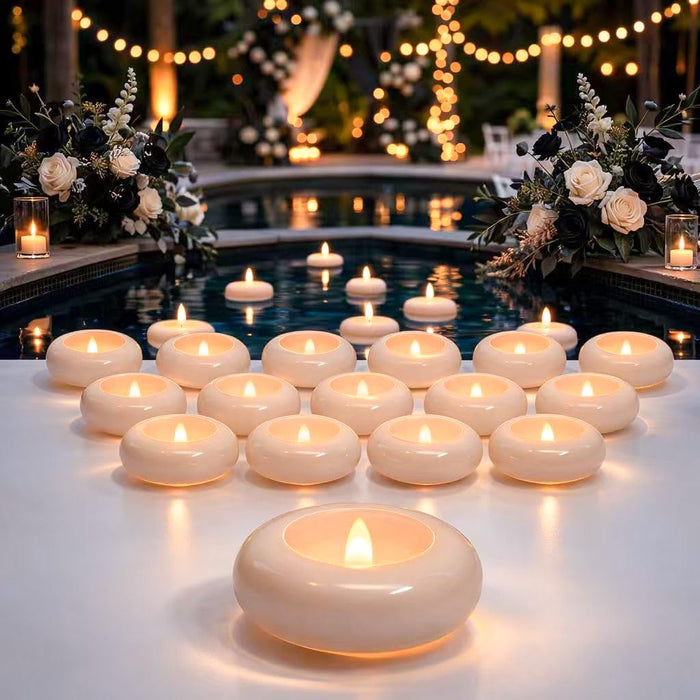 Aignis 24 Pack Waterproof Flameless Floating Candles, 200-Hour Battery Operated 2.2" LED Tea Lights, Water-Activated Flickering Warm White Glow for Halloween, Wedding Centerpieces, Pool