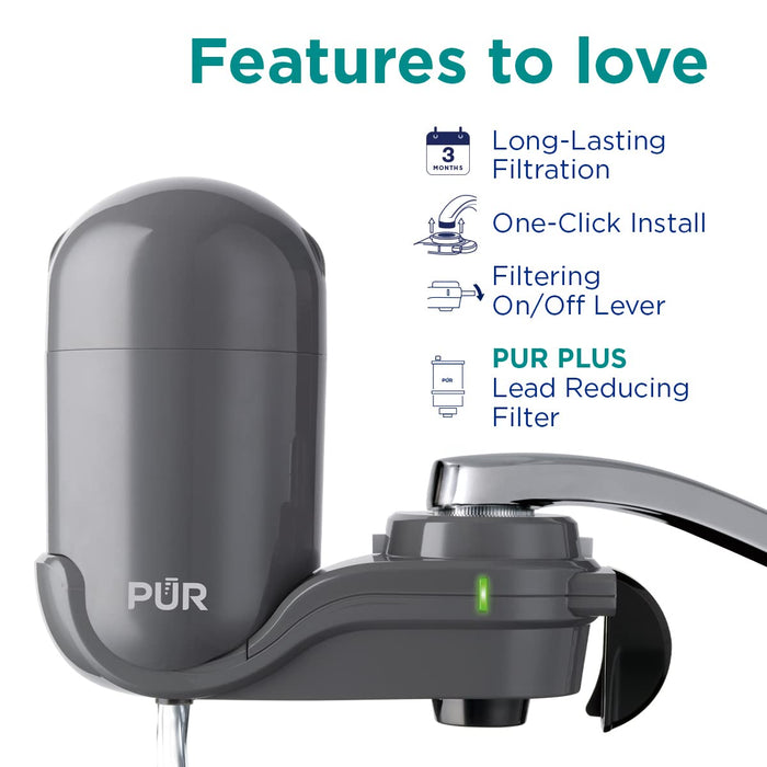 PUR PLUS Faucet Mount Water Filtration System, 3-in-1 Powerful, Natural Mineral Filtration with Lead Reduction, Vertical, Grey, FM2500V