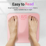 Ovutek Bathroom Scale for Body Weight, Highly Accurate Digital Weighing Machine for People, Upgraded Batteries Included, Compact Size, LED Display, High Standards Sturdy Tempered Glass, 400lb, Pink