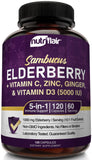 NutriFlair Sambucus Elderberry, 120 Veggie Capsules - 5 in 1 Immune Support and Antioxidant Supplement with Vitamin C, Vitamin D3 5000 IU, Zinc, Ginger, Black Dried Elderberry Pills - 2 Month Supply