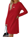 Dresses for Women 2024 Casual Long Sleeve Casual Trendy Plain Cozy Christmas Red Holiday Dress L