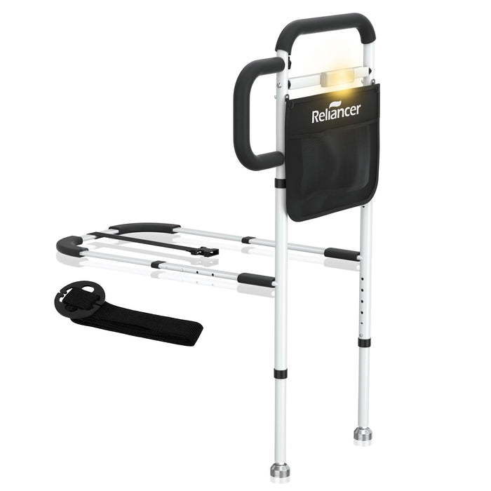 RELIANCER Bed Safety Rail for Elderly Adults w/Support Leg & Motion Light,Dual Handle Assist Grab Bar for Seniors,Adjustable Bedside Support Railings,Bed Side Assist Guard Rail,Bedside Hand Guard Bar