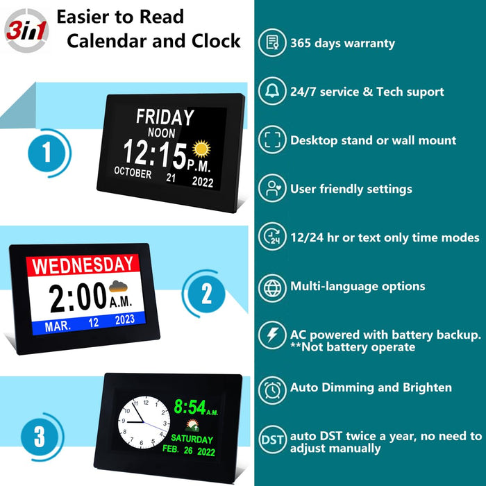 【2024 New】 Digital Clock with Date and Time for Elderly, 11.5" Large Calendar Clock for Dementia, Auto DST, 20 Custom Reminders, Adjustable Brightness, Loud Alarms, Memory Function, with Remote