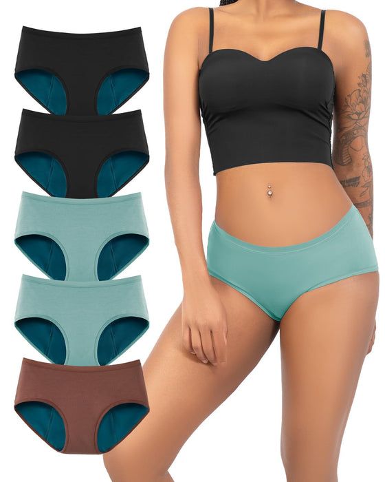 TIICHOO Period Underwear Heavy Flow 50ml Absorbency Leakproof Underwear for Women Incontinence Underwear 5 Pack (2 Black/2 Turquoise/1 Brown, Small)