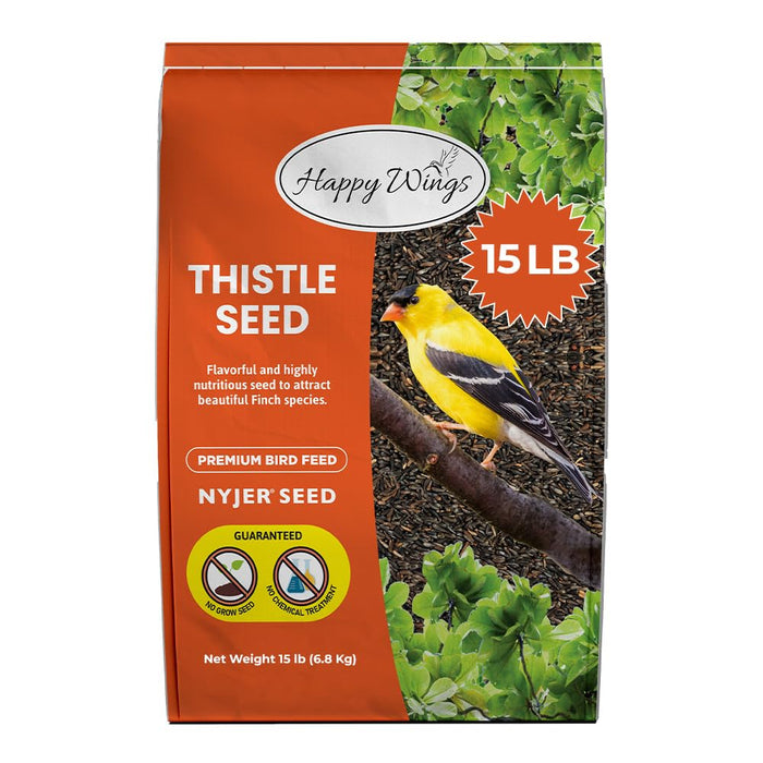 Happy Wings Nyjer Thistle Seeds for Wild Birds 15 lbs No Grow Premium Bird Seed Attracts Finches, Goldfinches, Ideal for Year-Round Feeding High in Protein and Energy.