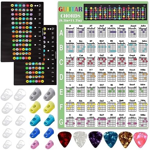 20 Pcs Guitar Fingertip Protectors Guitar Finger Guards Protection Guitar Silicone Covers Caps for Guitar Bass Ukulele with 2 Pcs Guitar Fretboard Stickers and Guitar Chord Chart