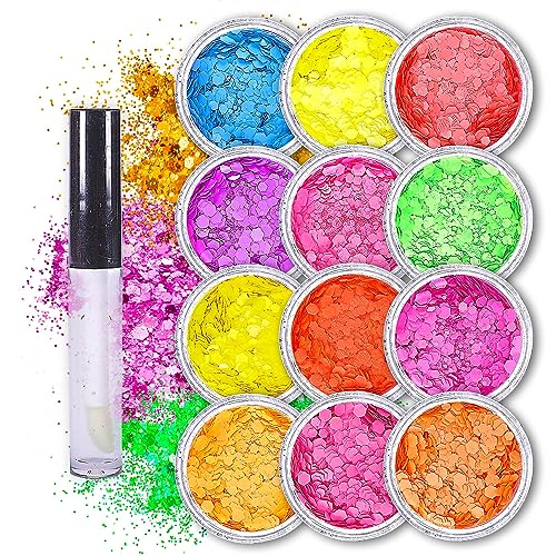 Neon Holographic Body Glitter I 12 Colors + 1 Glitter Glue for Face, Hair, Nail, Eye & Glitter Eyeshadow - Perfect for Halloween Makeup, Raves, Festivals, Resin, Tumblers, Cosmetic & Nail Art