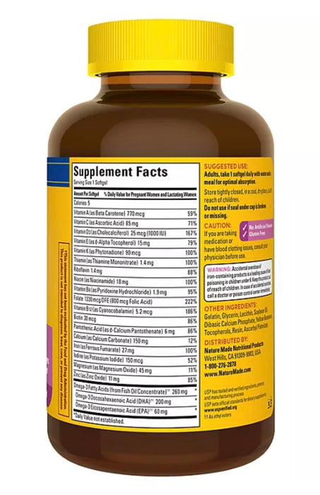 Nature Made Prenatal with Folic Acid + DHA, Prenatal Vitamin and Mineral Supplement for Daily Nutritional Support, 150 Softgels, 150 Day Supply