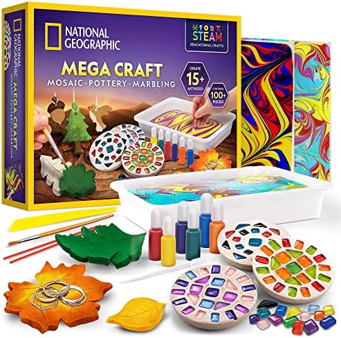 National Geographic Mega Arts and Crafts Kit for Kids – Mosaic Kit, Marbling Paint Kit & Air Dry Clay Pottery Kit – Art Projects for Kids Ages 8-12, Crafts for Girls and Boys (Amazon Exclusive)