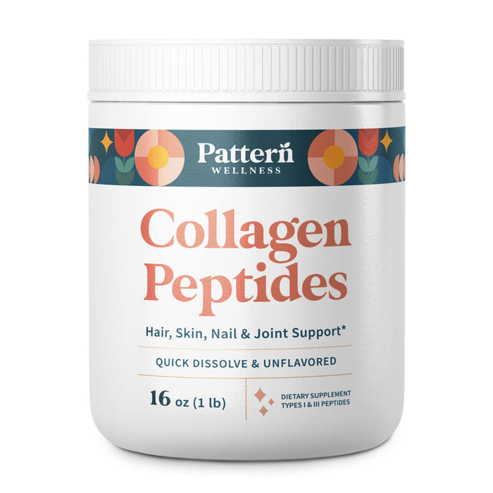 Pattern Wellness Collagen Peptides Powder (Type I & III) - Hair, Nails, Skin and Joint Health - Grass Fed & Pasture Raised - Hydrolyzed Collagen, Non-GMO, Dairy Free, & Keto - Unflavored (16 Oz)